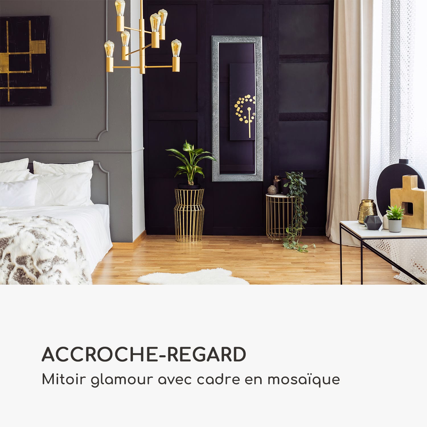 Norwich miroir cadre en bois rectangulaire 130 x 45 cm design mosaïque Argent