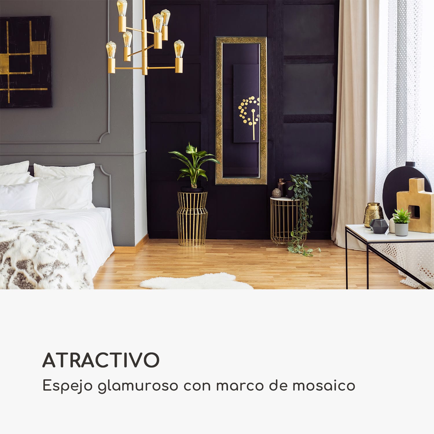 Espejo Norwich Marco de madera Rectangular 130 x 45 cm Diseño de mosaico Oro