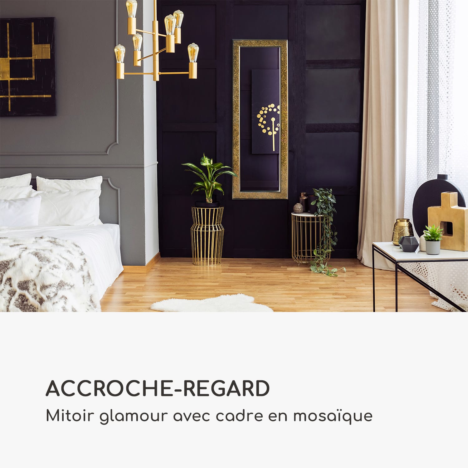 Norwich miroir cadre en bois rectangulaire 130 x 45 cm design mosaïque Doré