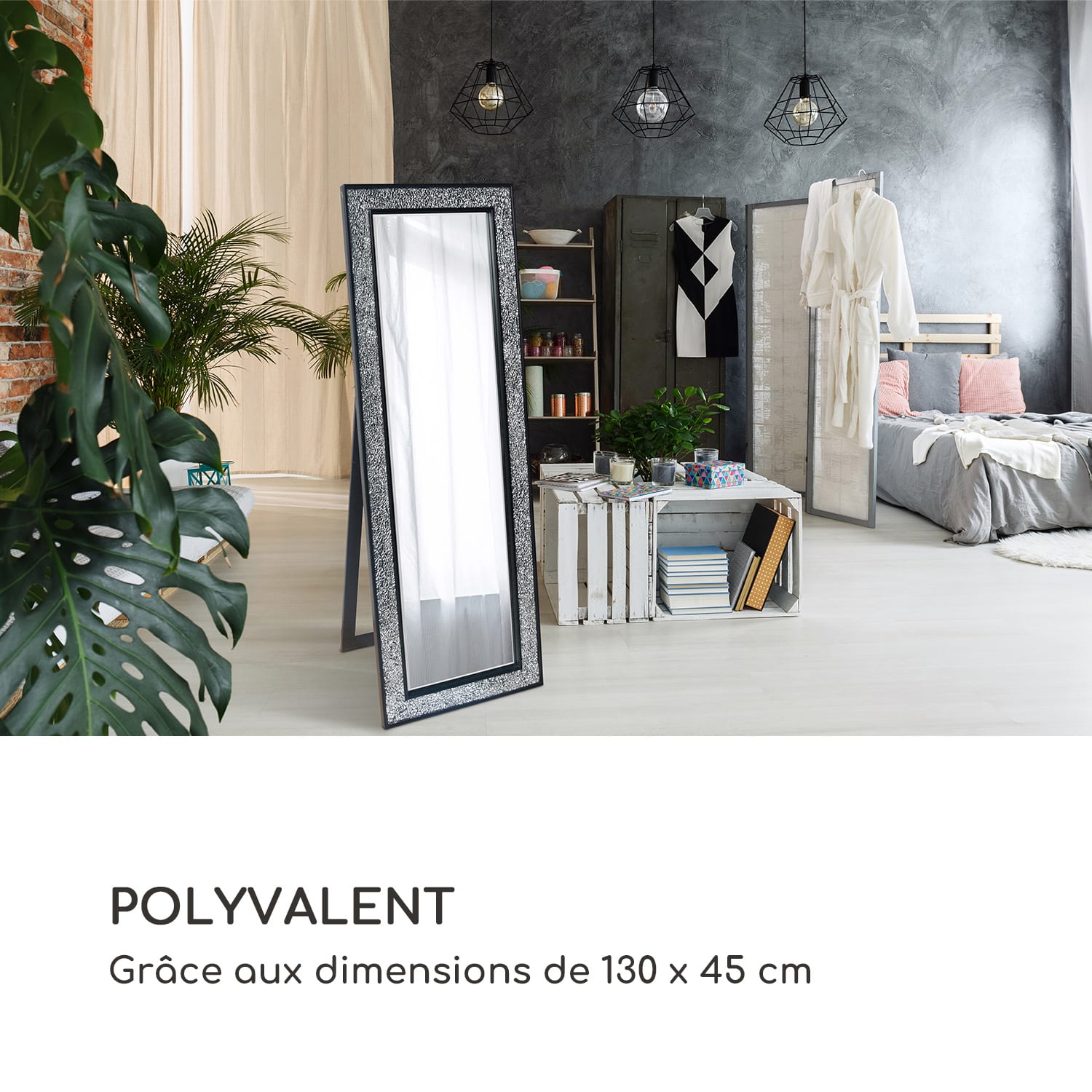 Norwich miroir cadre en bois rectangulaire 130 x 45 cm design mosaïque Noir