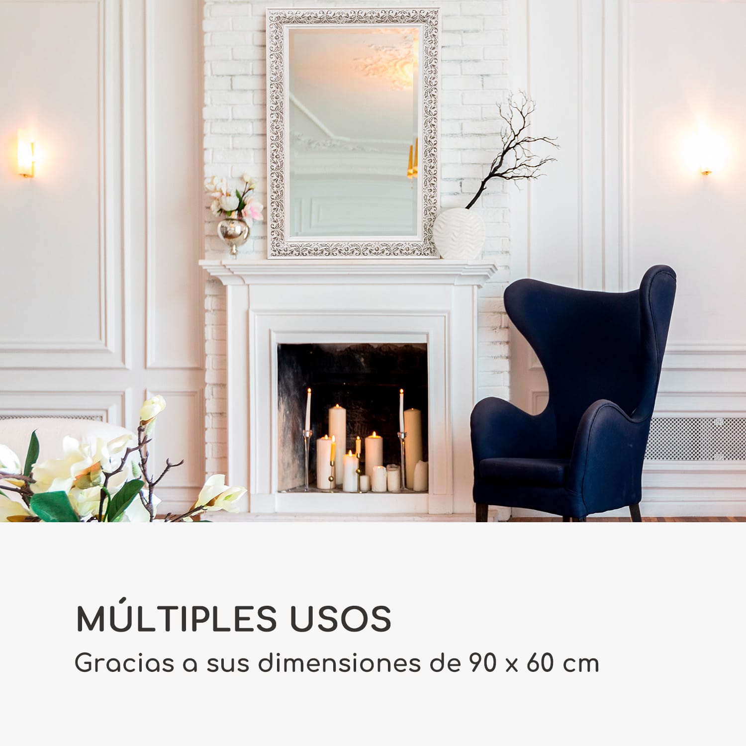 Espejo de pared Stratford Marco de madera Rectangular 90 x 60 cm Vintage 