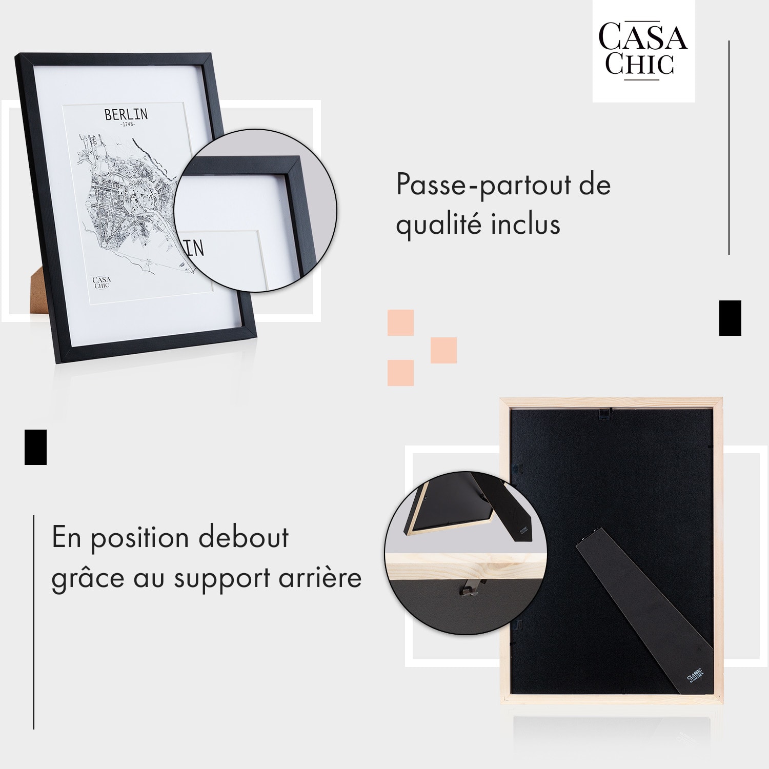 Cadre photo Bristol vitre A3 avec passe-partout A4 bois véritable