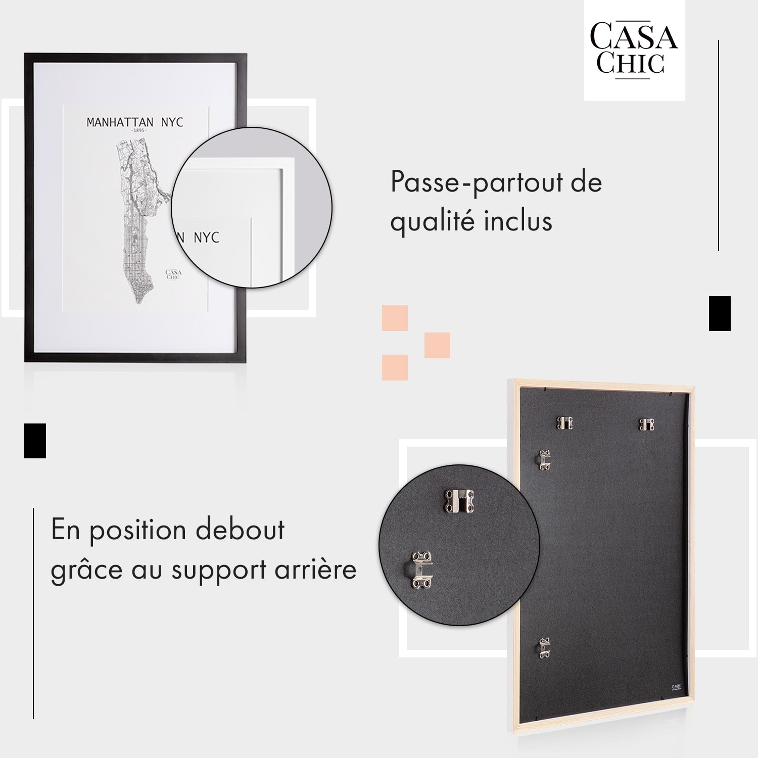 Cadre photo Bristol vitre A2 avec passe-partout A3 bois véritable