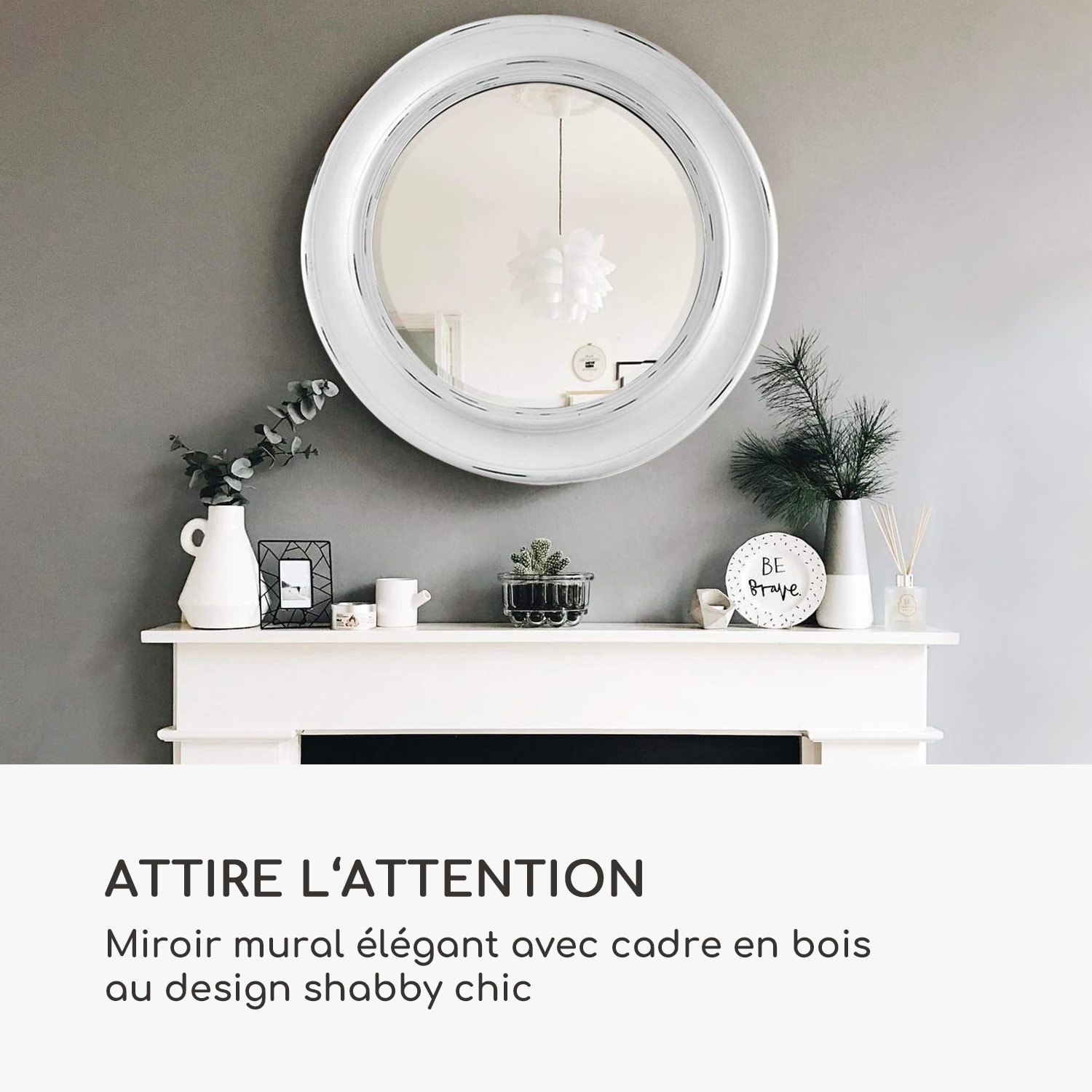 Leeds miroir mural cadre en bois véritable rond Ø 66 cm