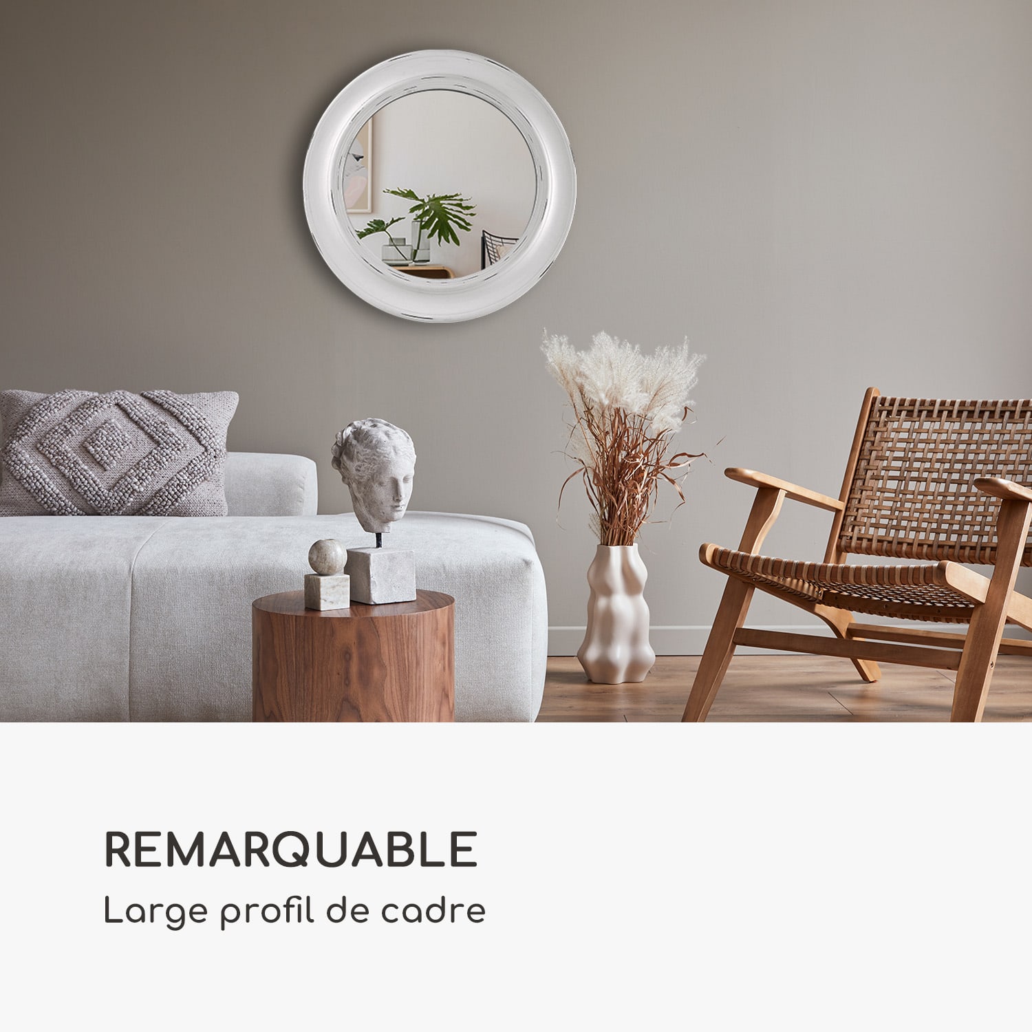 Leeds miroir mural cadre en bois véritable rond Ø 66 cm