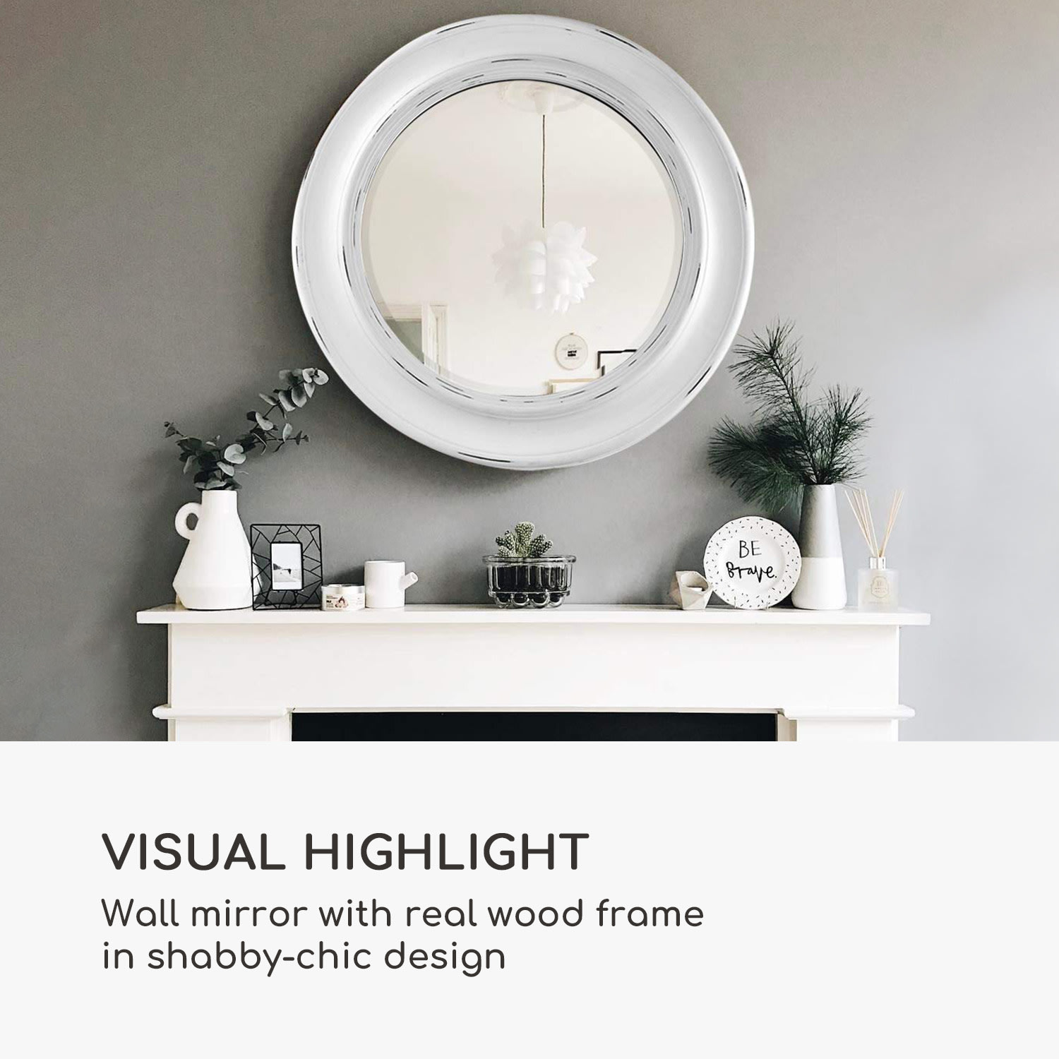 London, zidno ogledalo, okvir od pravog drva, okruglo, Ø 66 cm