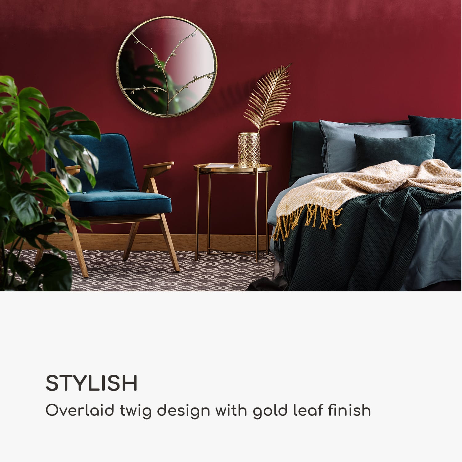 Berkeley Стенно огледало с метална рамка, кръгло Ø 80 см Дизайн на клон Злато