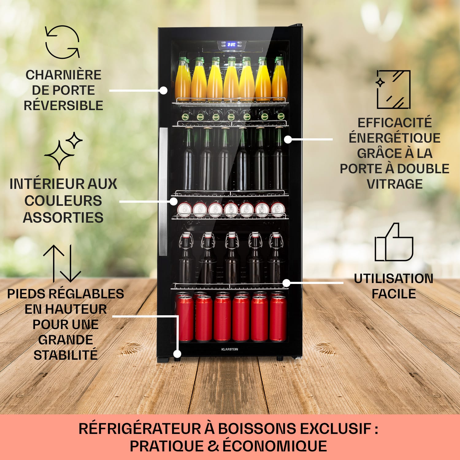 Beersafe 7XL Réfrigérateur 242 litres 5 clayettes Porte en verre panoramique Acier inoxydable