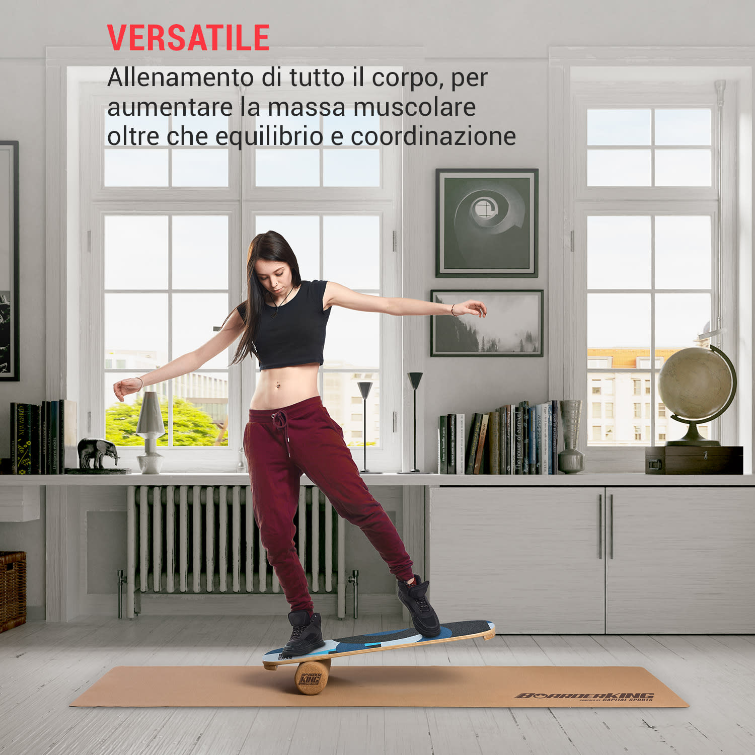 Indoorboard Flow, Balance board + tappetino + rullo, legno/sughero 