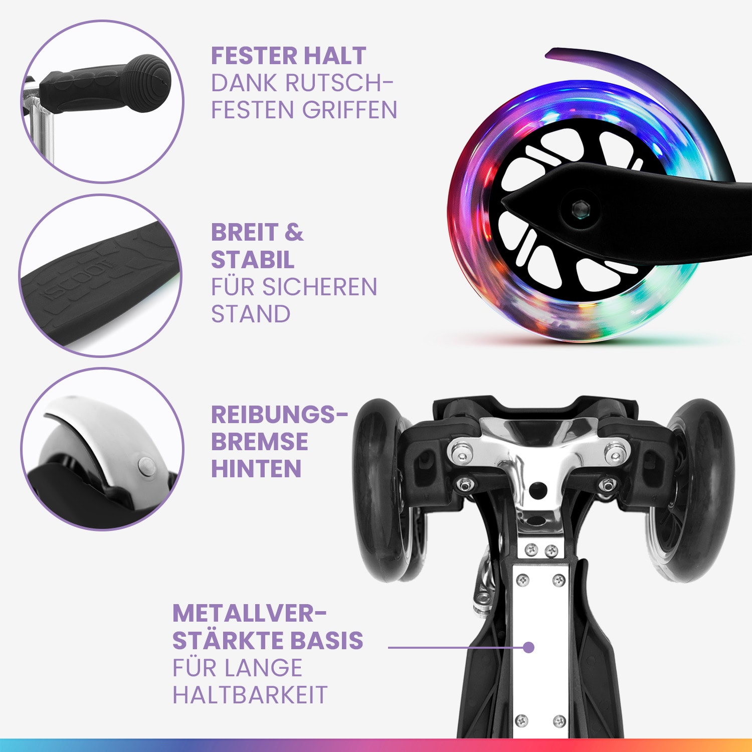 ONE Kinderroller 3-6 Jahre LED-Räder 50 kg faltbar höhenverstellbar normal | Schwarz