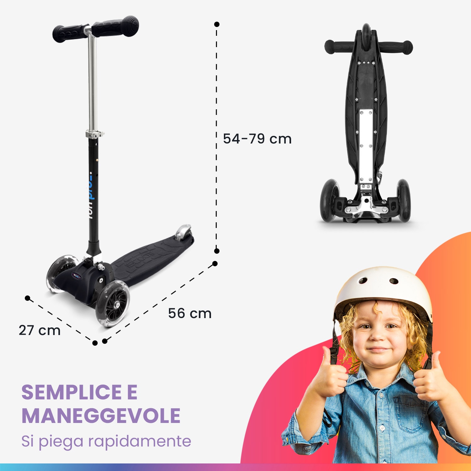 ONE monopattino bambino, 3-6 anni, ruote a LED, fino a 50 kg, pieghevole, regolabile in altezza Normale | Nero