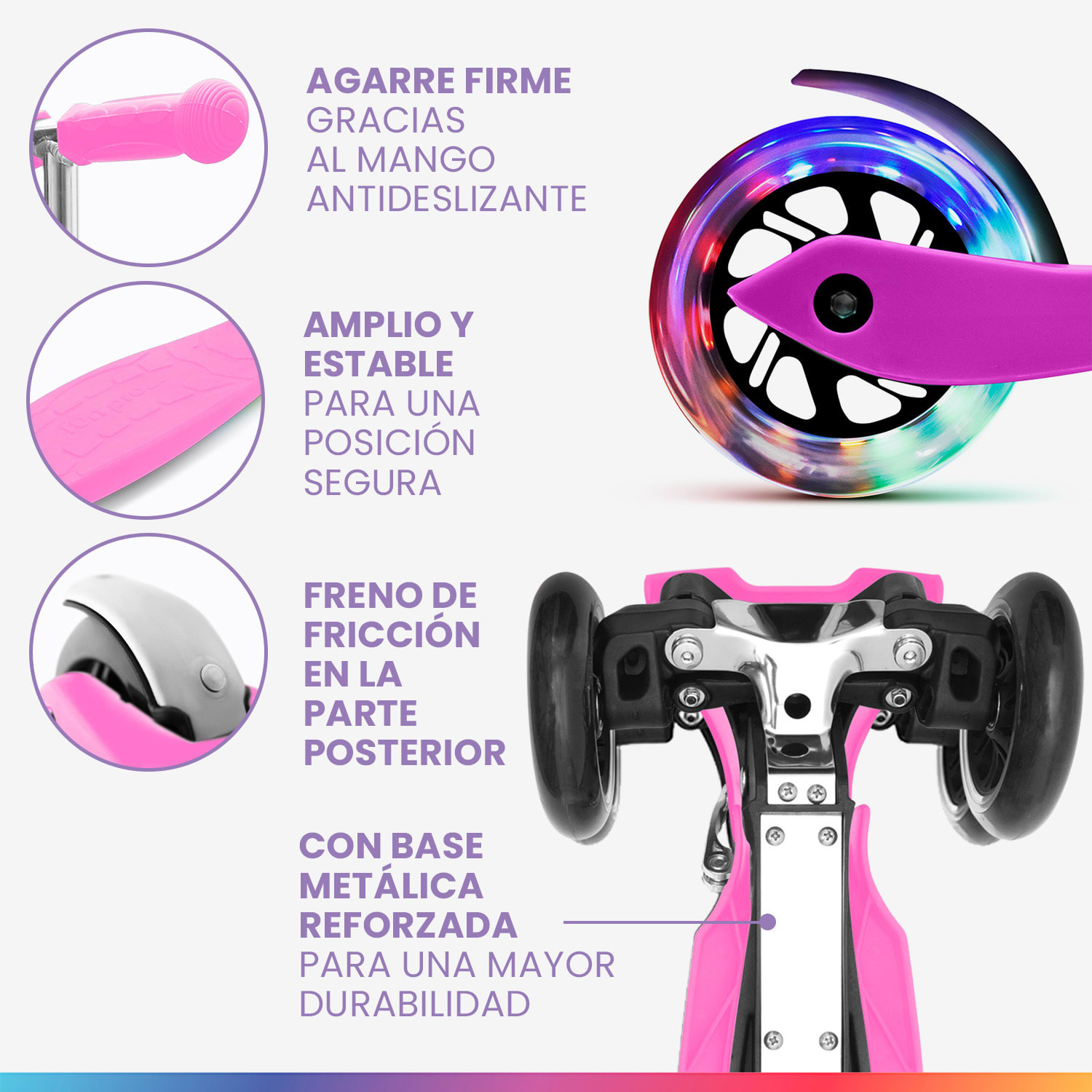 ONE Patinete para niños 3-6 años Ruedas led Hasta 50 kg Plegable Altura regulable Normal | Rosa Caramelo
