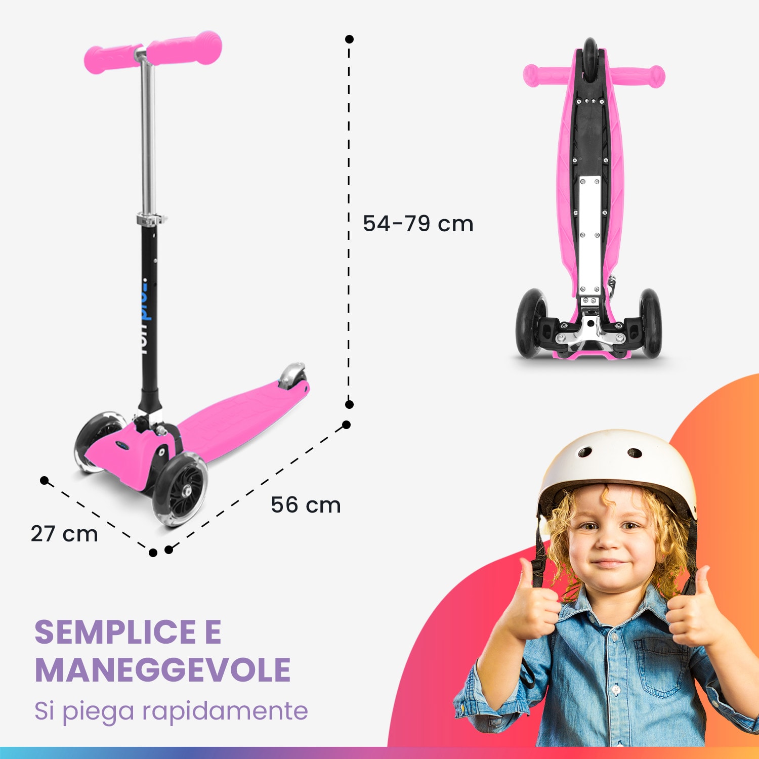 ONE monopattino bambino, 3-6 anni, ruote a LED, fino a 50 kg, pieghevole, regolabile in altezza Normale | Rosa confetto