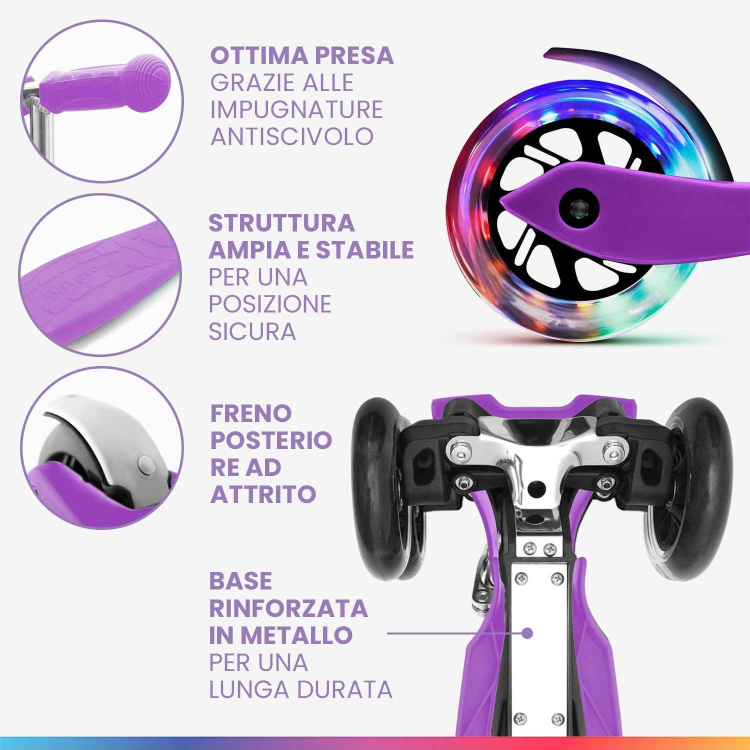 ONE monopattino bambino, 3-6 anni, ruote a LED, fino a 50 kg, pieghevole, regolabile in altezza Normale | Viola chiaro