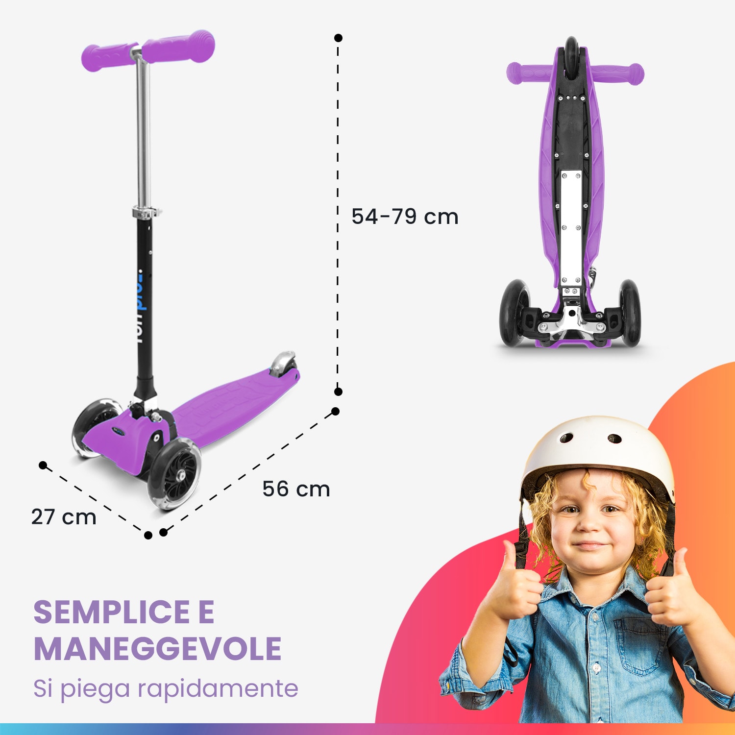 ONE monopattino bambino, 3-6 anni, ruote a LED, fino a 50 kg, pieghevole, regolabile in altezza Normale | Viola chiaro