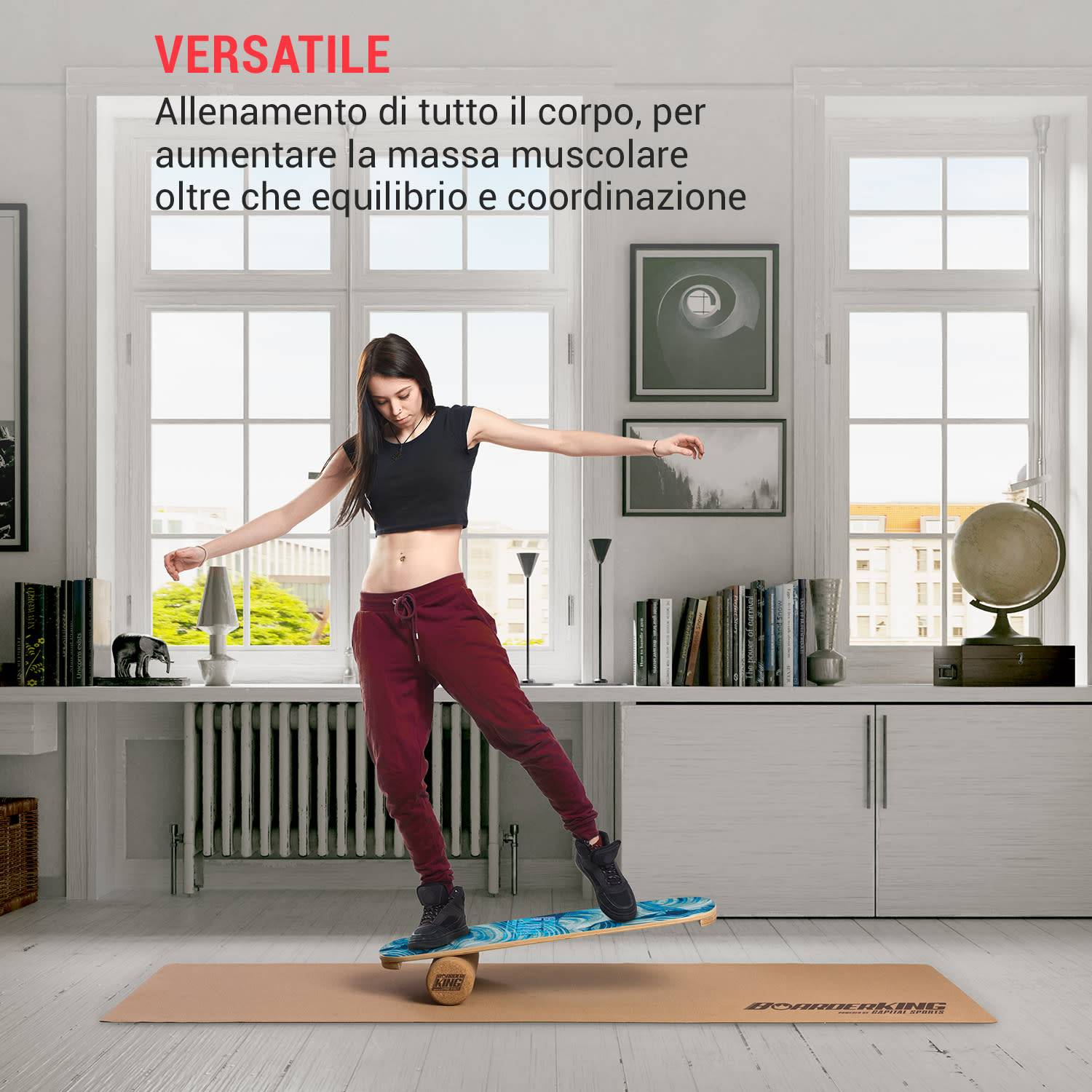 Indoorboard Flow, Balance board + tappetino + rullo, legno/sughero 