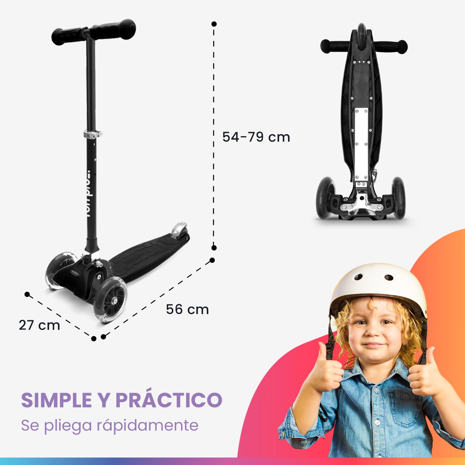 ONE Deluxe Patinete para niños 3-6 años Ruedas led Hasta 50 kg Plegable Altura regulable De lujo | Negro