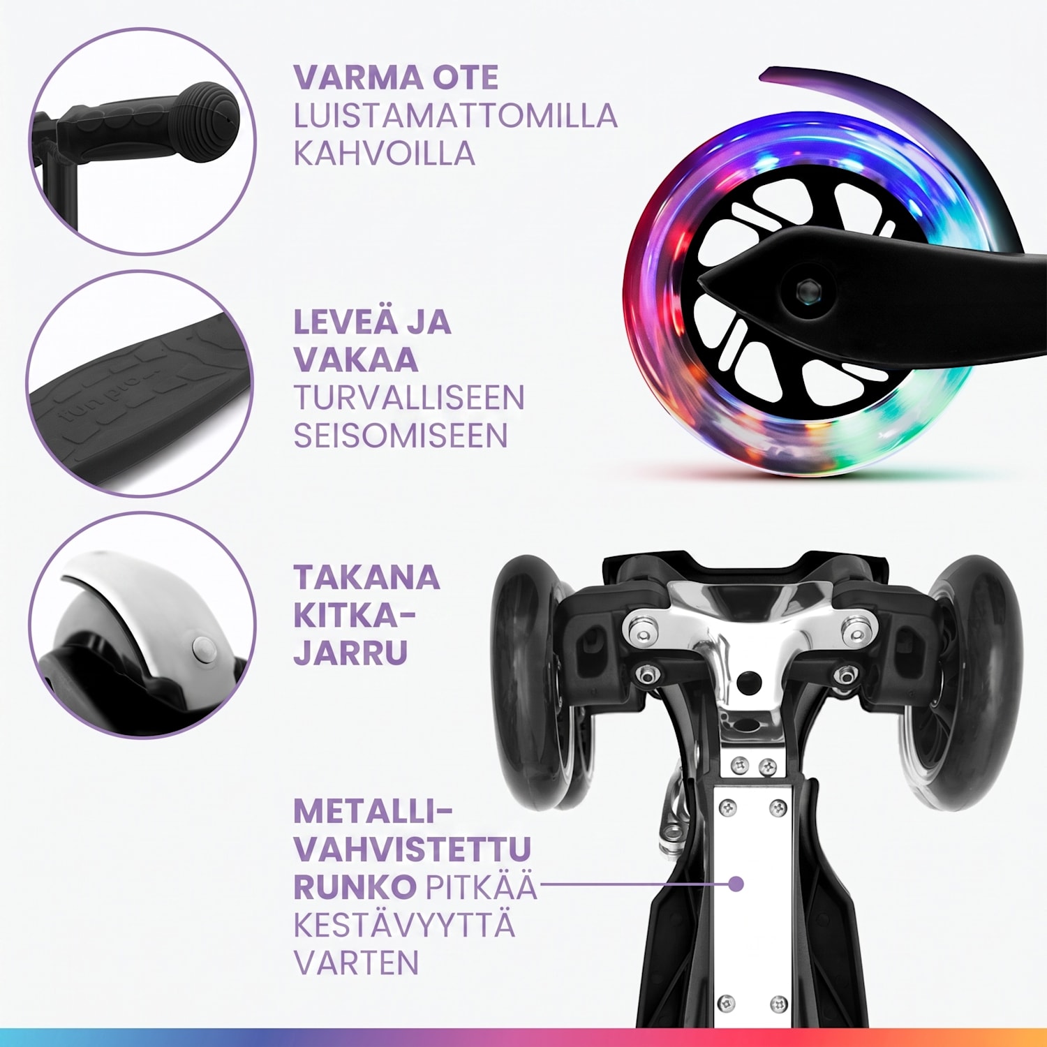 ONE Deluxe potkulauta lapselle 3–6 vuotiaille LED-pyörät max. 50 kg kokoontaitettava korkeussäädettävä Deluxe | Musta