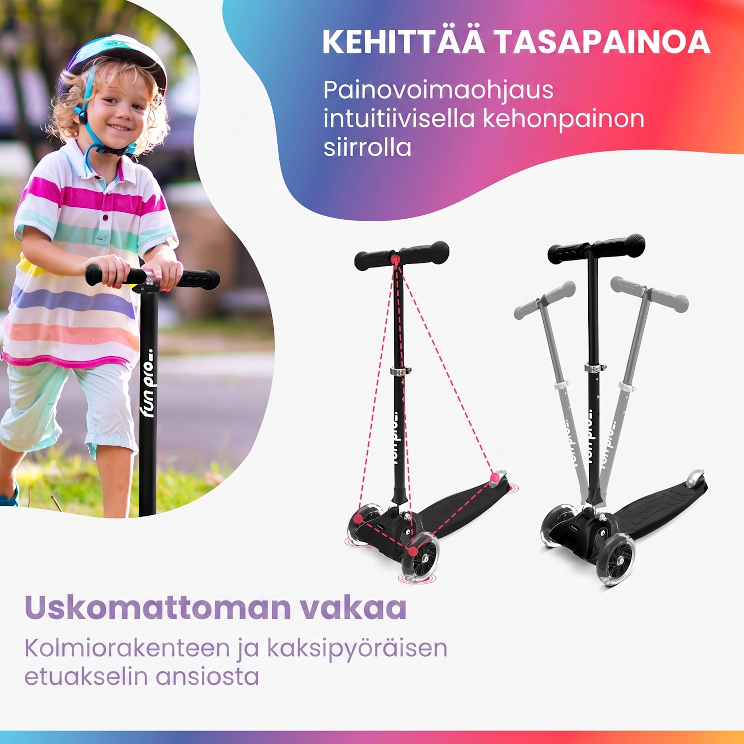 ONE Deluxe potkulauta lapselle 3–6 vuotiaille LED-pyörät max. 50 kg kokoontaitettava korkeussäädettävä Deluxe | Musta