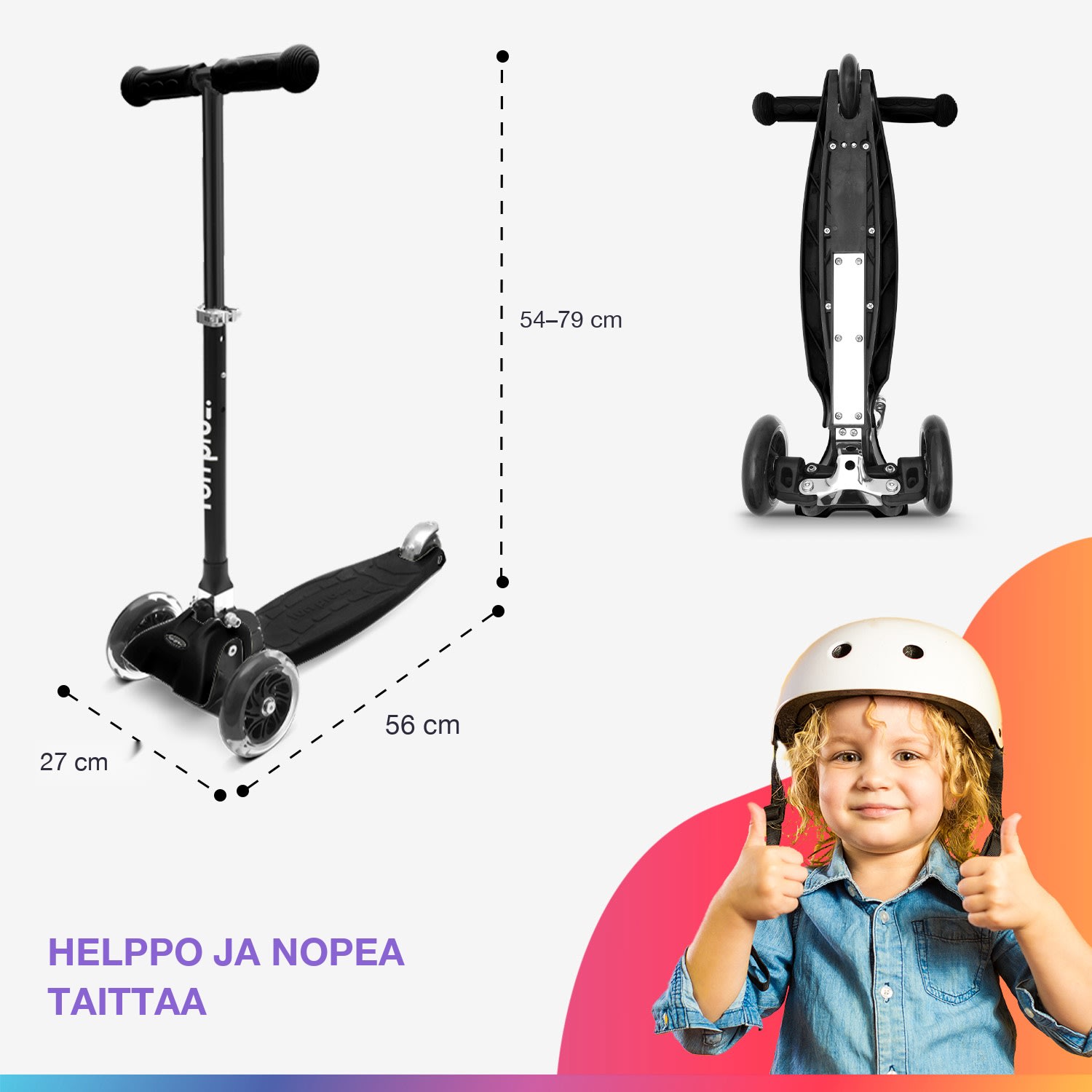 ONE Deluxe potkulauta lapselle 3–6 vuotiaille LED-pyörät max. 50 kg kokoontaitettava korkeussäädettävä Deluxe | Musta