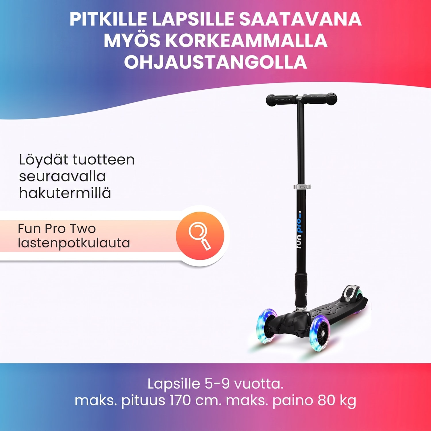 ONE Deluxe potkulauta lapselle 3–6 vuotiaille LED-pyörät max. 50 kg kokoontaitettava korkeussäädettävä Deluxe | Musta
