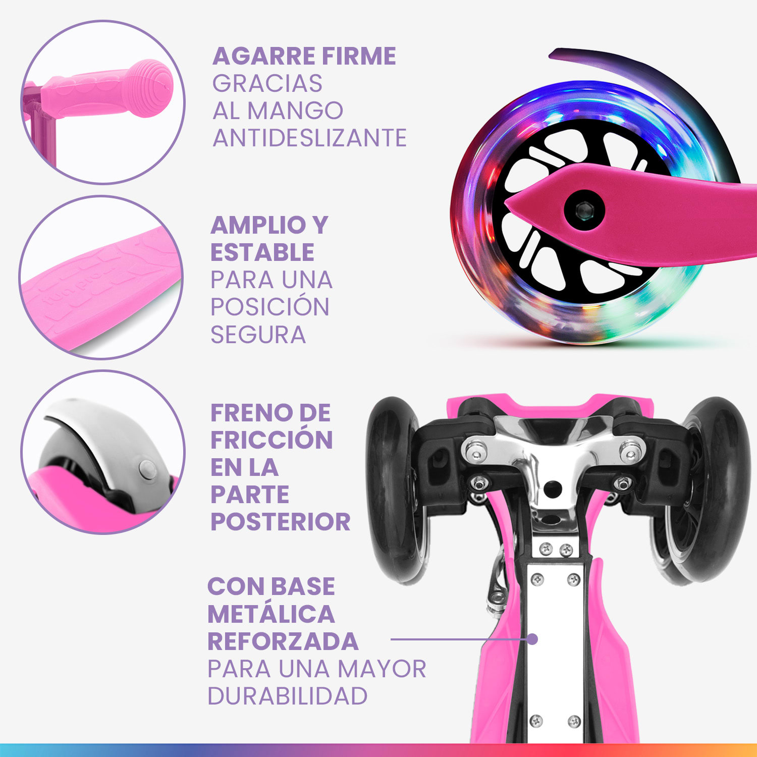 ONE Deluxe Patinete para niños 3-6 años Ruedas led Hasta 50 kg Plegable Altura regulable De lujo | Rosa