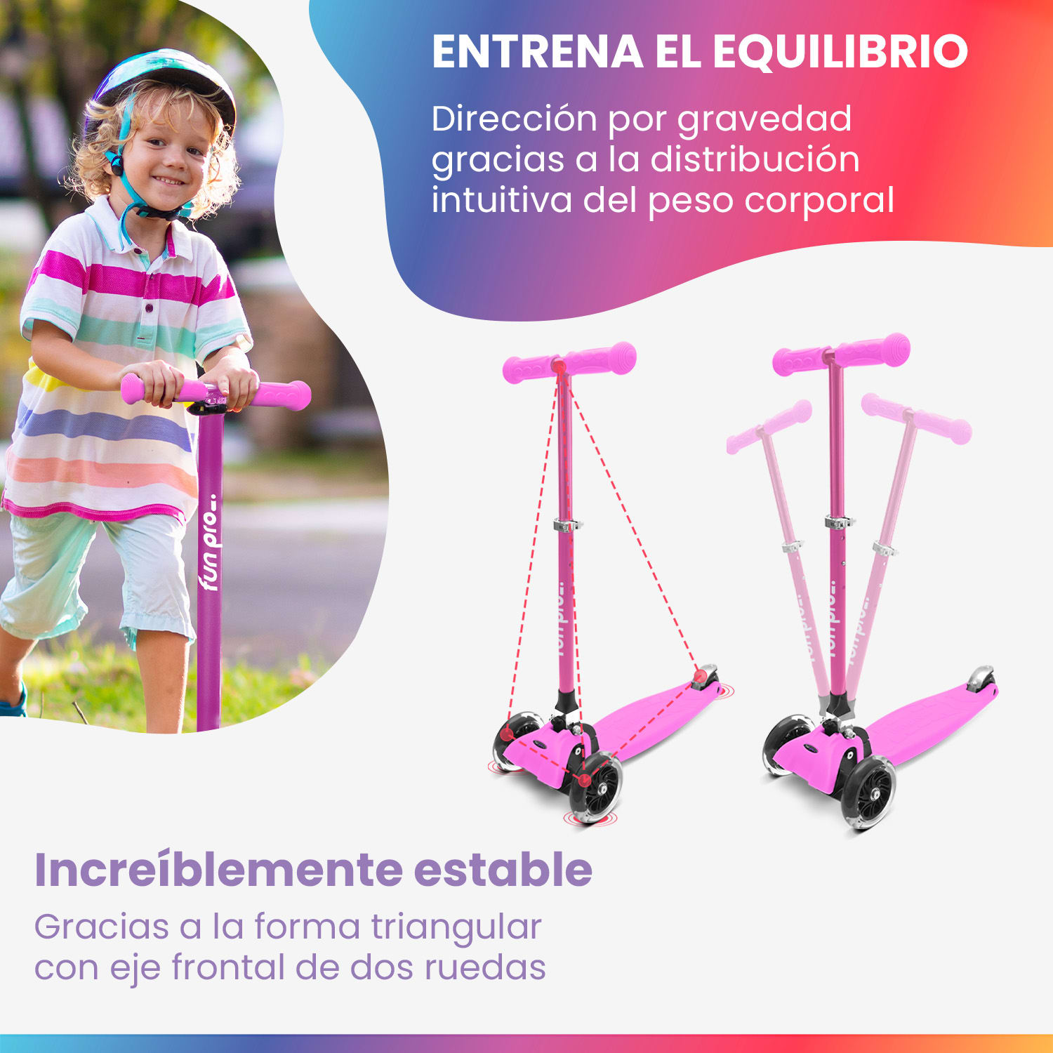 ONE Deluxe Patinete para niños 3-6 años Ruedas led Hasta 50 kg Plegable Altura regulable De lujo | Rosa