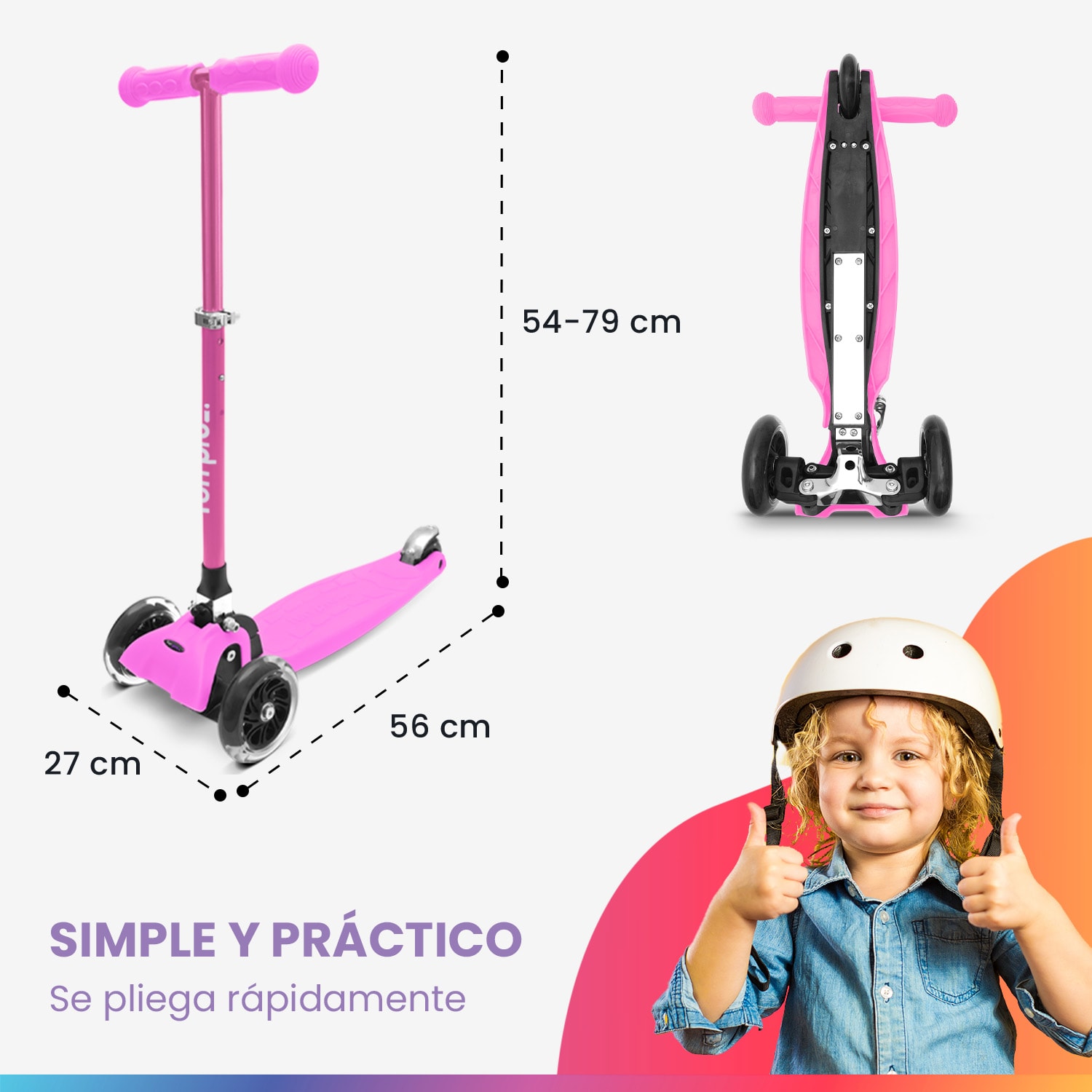 ONE Deluxe Patinete para niños 3-6 años Ruedas led Hasta 50 kg Plegable Altura regulable De lujo | Rosa