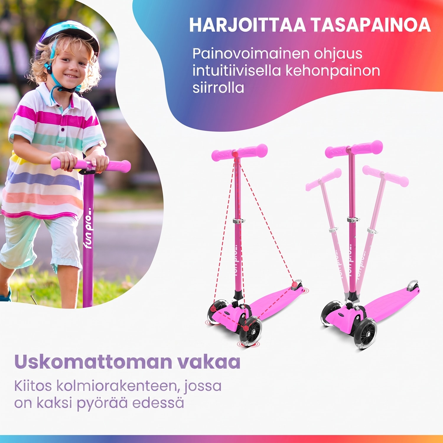 ONE Deluxe potkulauta lapselle 3–6 vuotiaille LED-pyörät max. 50 kg kokoontaitettava korkeussäädettävä Deluxe | Karkki Pinkki