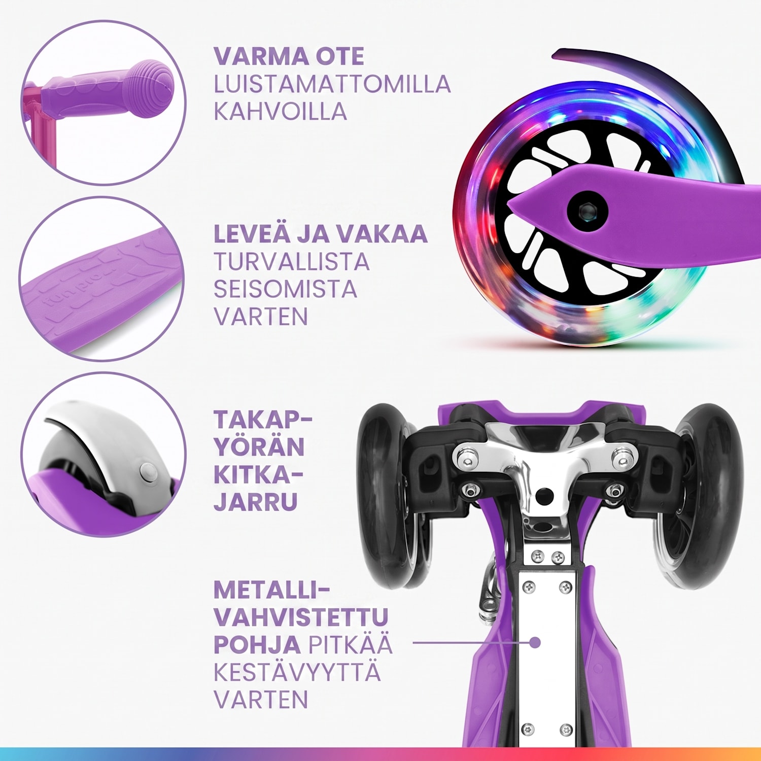 ONE Deluxe potkulauta lapselle 3–6 vuotiaille LED-pyörät max. 50 kg kokoontaitettava korkeussäädettävä Deluxe | Vaalea Violetti