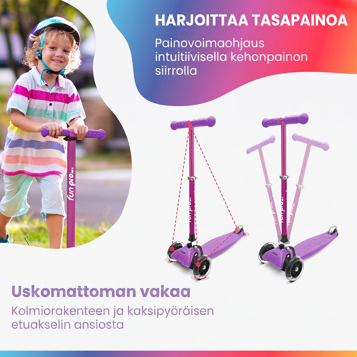 ONE Deluxe potkulauta lapselle 3–6 vuotiaille LED-pyörät max. 50 kg kokoontaitettava korkeussäädettävä Deluxe | Vaalea Violetti