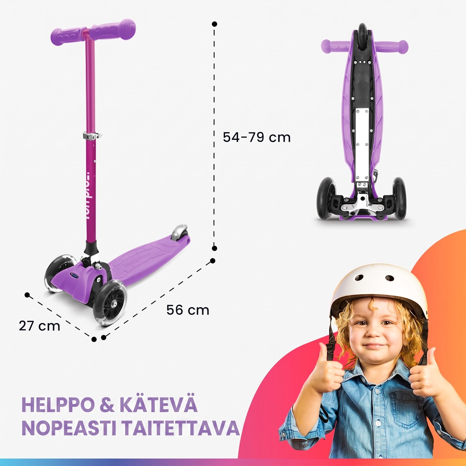 ONE Deluxe potkulauta lapselle 3–6 vuotiaille LED-pyörät max. 50 kg kokoontaitettava korkeussäädettävä Deluxe | Vaalea Violetti