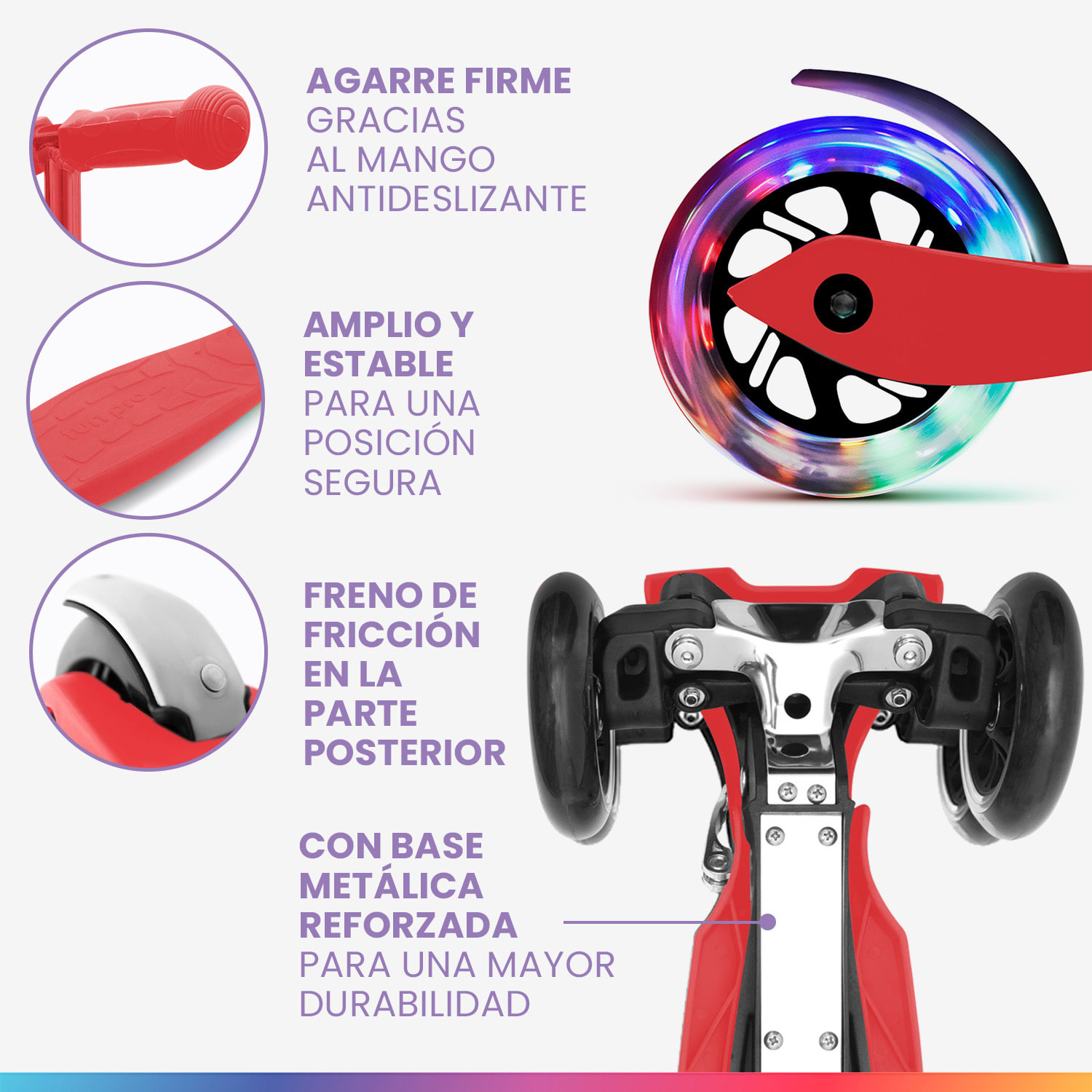 ONE Deluxe Patinete para niños 3-6 años Ruedas led Hasta 50 kg Plegable Altura regulable De lujo | Rojo