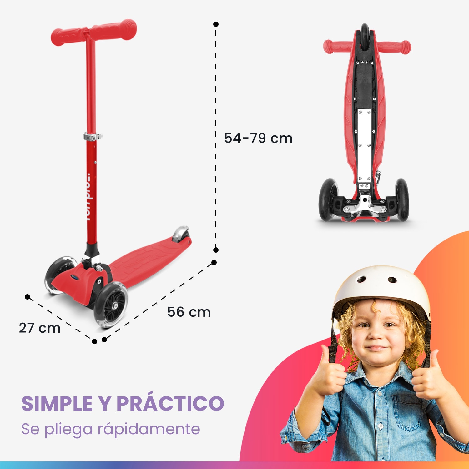 ONE Deluxe Patinete para niños 3-6 años Ruedas led Hasta 50 kg Plegable Altura regulable De lujo | Rojo