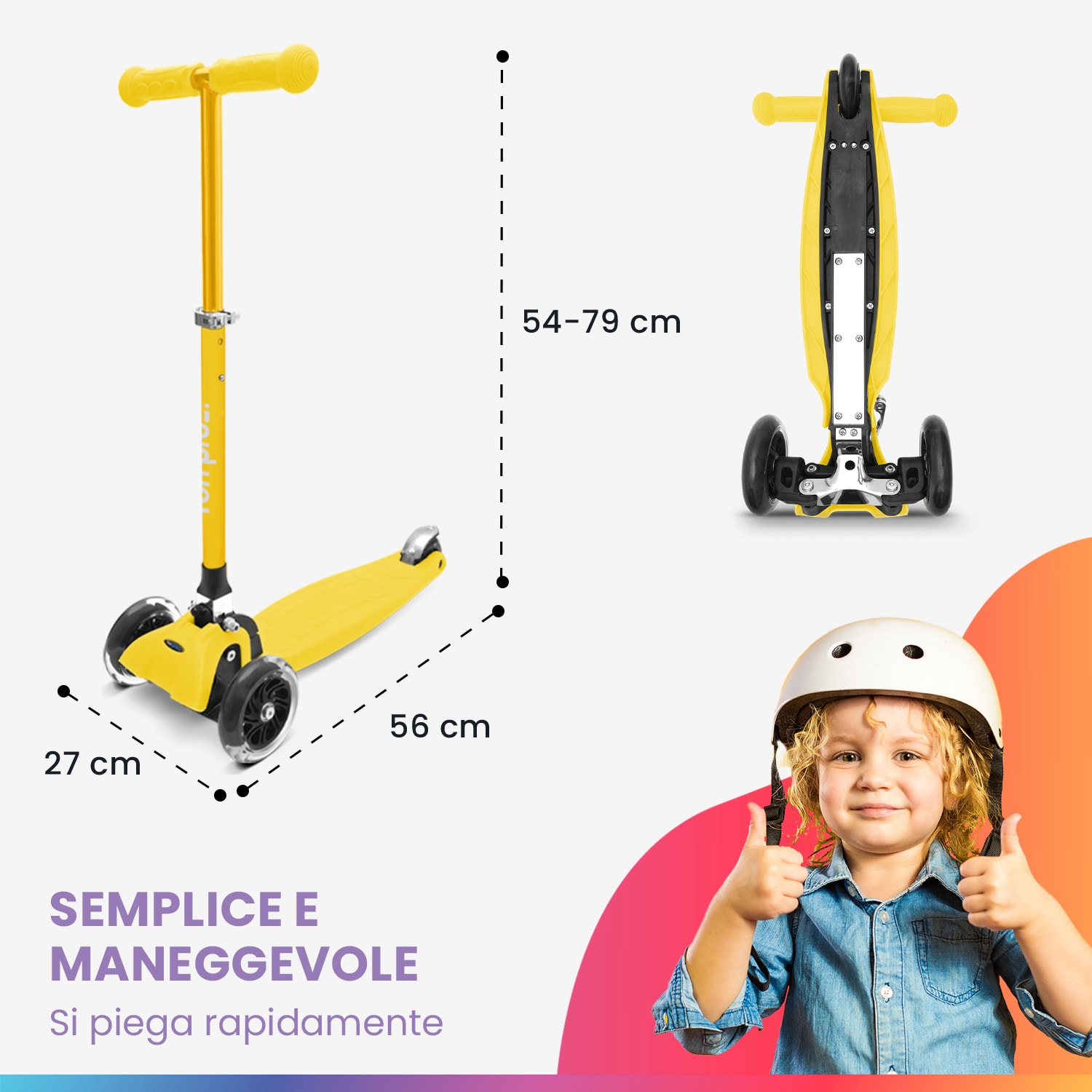 ONE Deluxe monopattino bambino, 3-6 anni, ruote a LED, fino a 50 kg, pieghevole, regolabile in altezza 