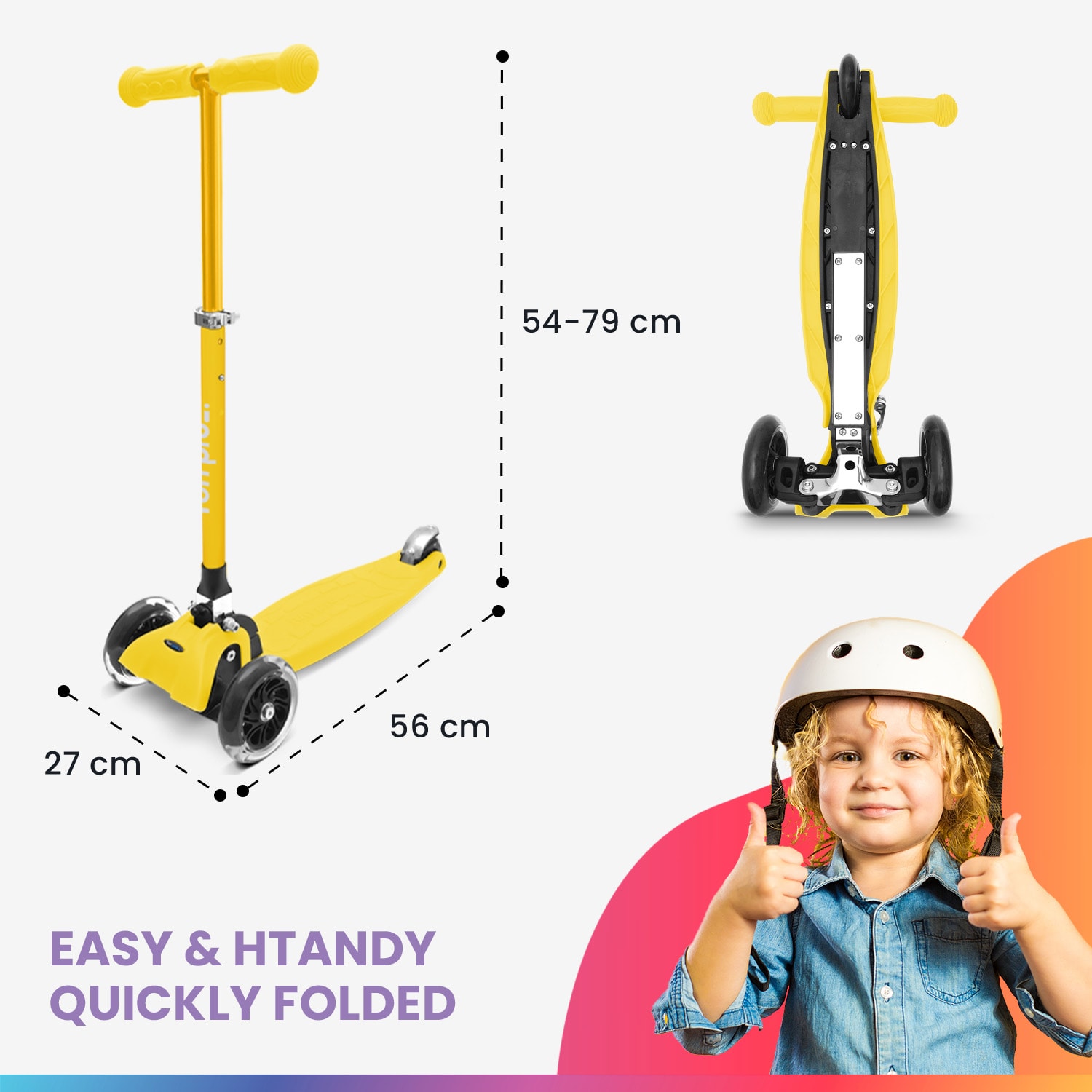 ONE Deluxe gyermek roller 3-6 éves korig LED kerekek összecsukható 50 kg-ig állítható magasságú Luxus | Sárga