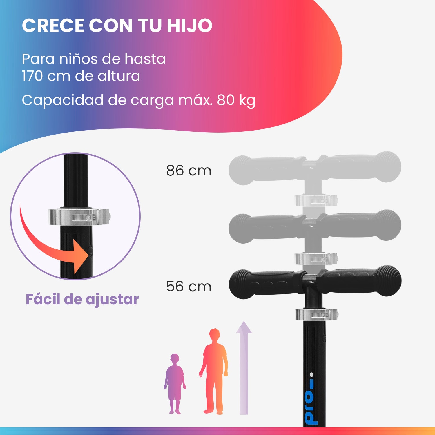 TWO Patinete para niños A partir de 5 años Ruedas led Hasta 80 kg Plegable Altura regulable Negro
