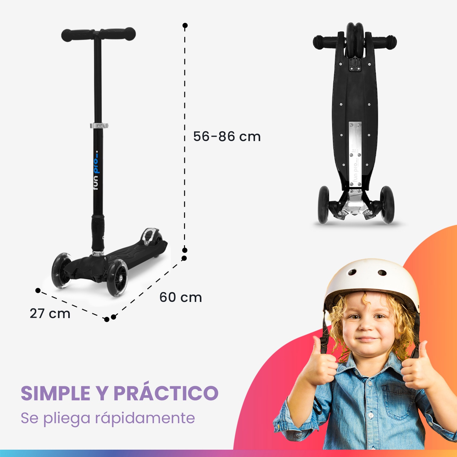 TWO Patinete para niños A partir de 5 años Ruedas led Hasta 80 kg Plegable Altura regulable Negro