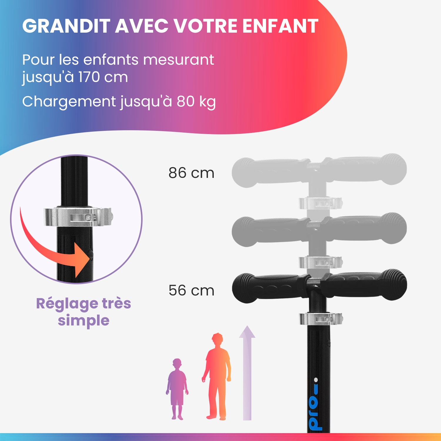 TWO Trottinette enfants à partir de 5 ans roues LED jusqu'à 80 kg pliable réglable en hauteur 