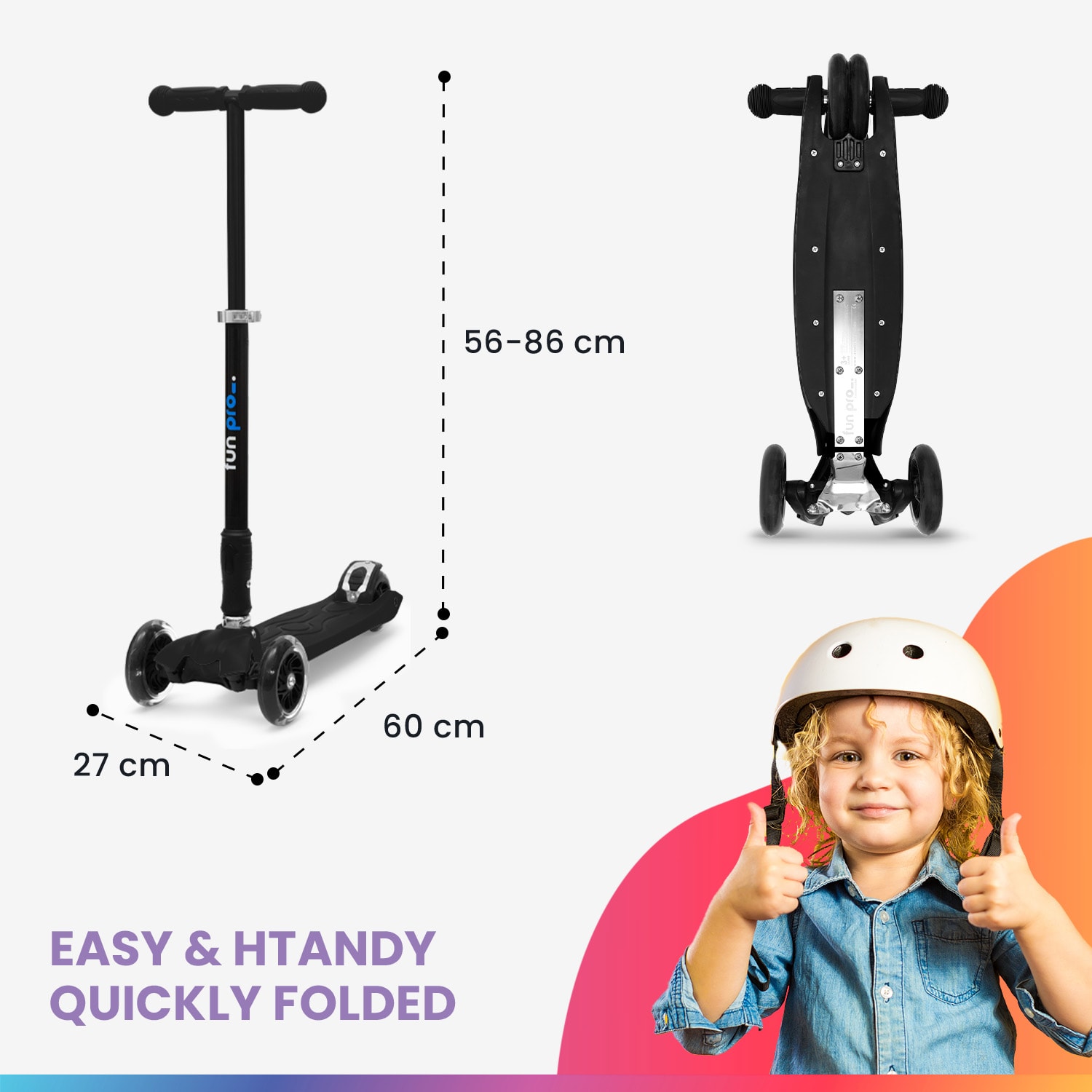 TWO Детска тротинетка, от 5 години, LED колела, 80 кг, сгъваема, регулируема височина 