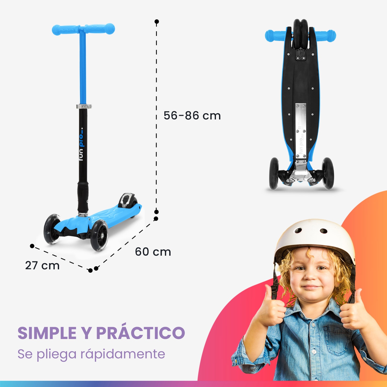 TWO Patinete para niños A partir de 5 años Ruedas led Hasta 80 kg Plegable Altura regulable Azul Celeste
