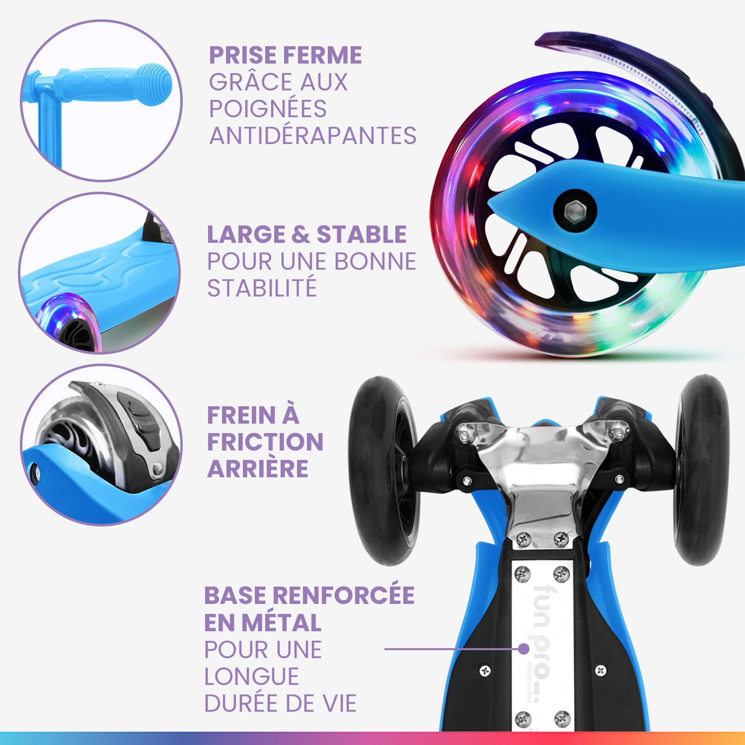 TWO Trottinette enfants à partir de 5 ans roues LED jusqu'à 80 kg pliable réglable en hauteur 