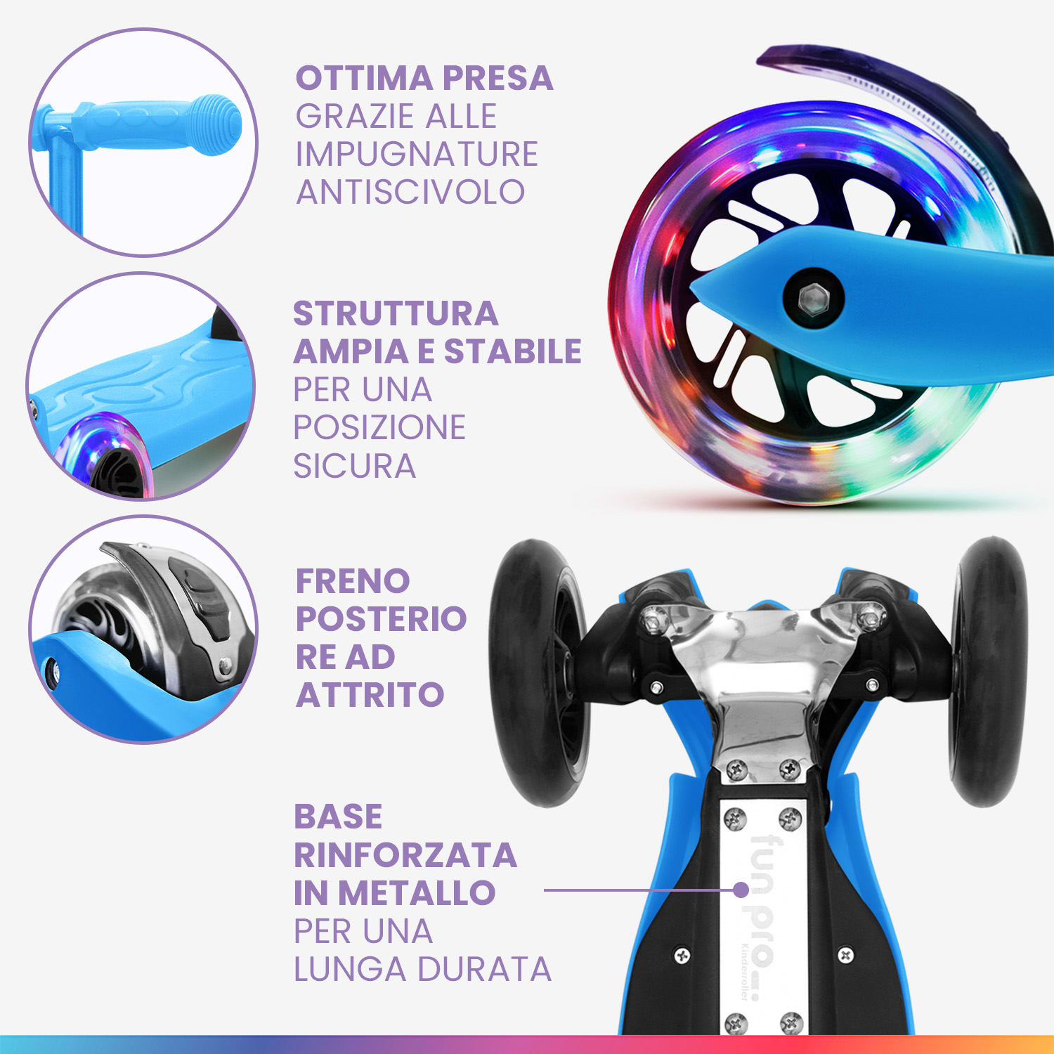 TWO monopattino bambino, dai 5 anni, ruote a LED, fino a 80 kg, pieghevole, regolabile in altezza 