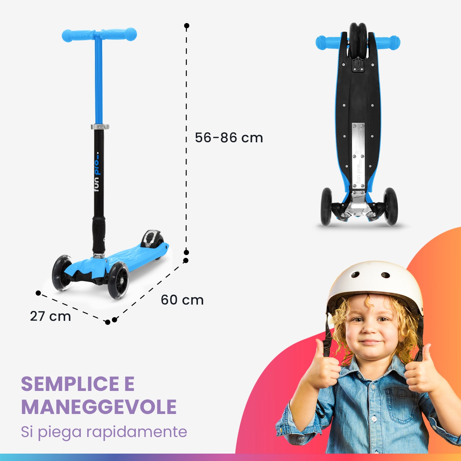 TWO monopattino bambino, dai 5 anni, ruote a LED, fino a 80 kg, pieghevole, regolabile in altezza 