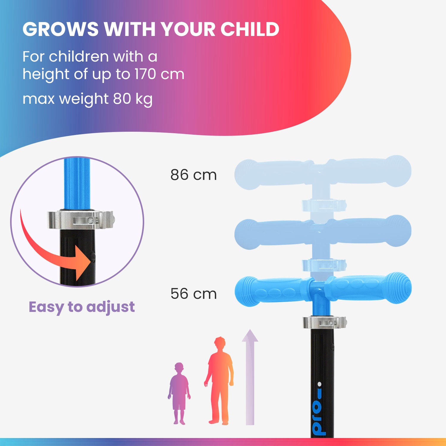 TWO Gyermek roller, 5 évtől, LED kerekek, 80 kg, összecsukható, állítható magasságú Égszínkék