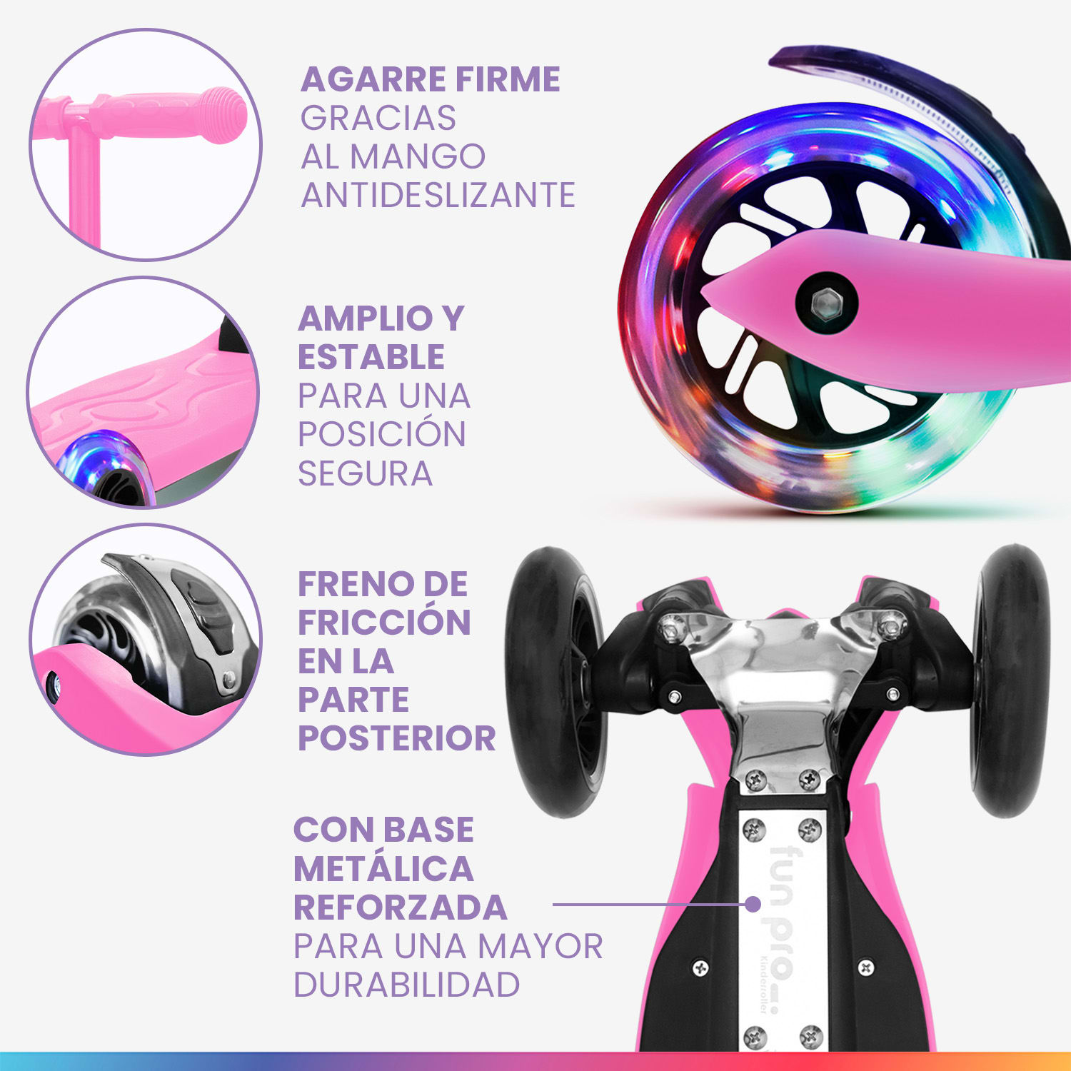 TWO Patinete para niños A partir de 5 años Ruedas led Hasta 80 kg Plegable Altura regulable Rosa Caramelo
