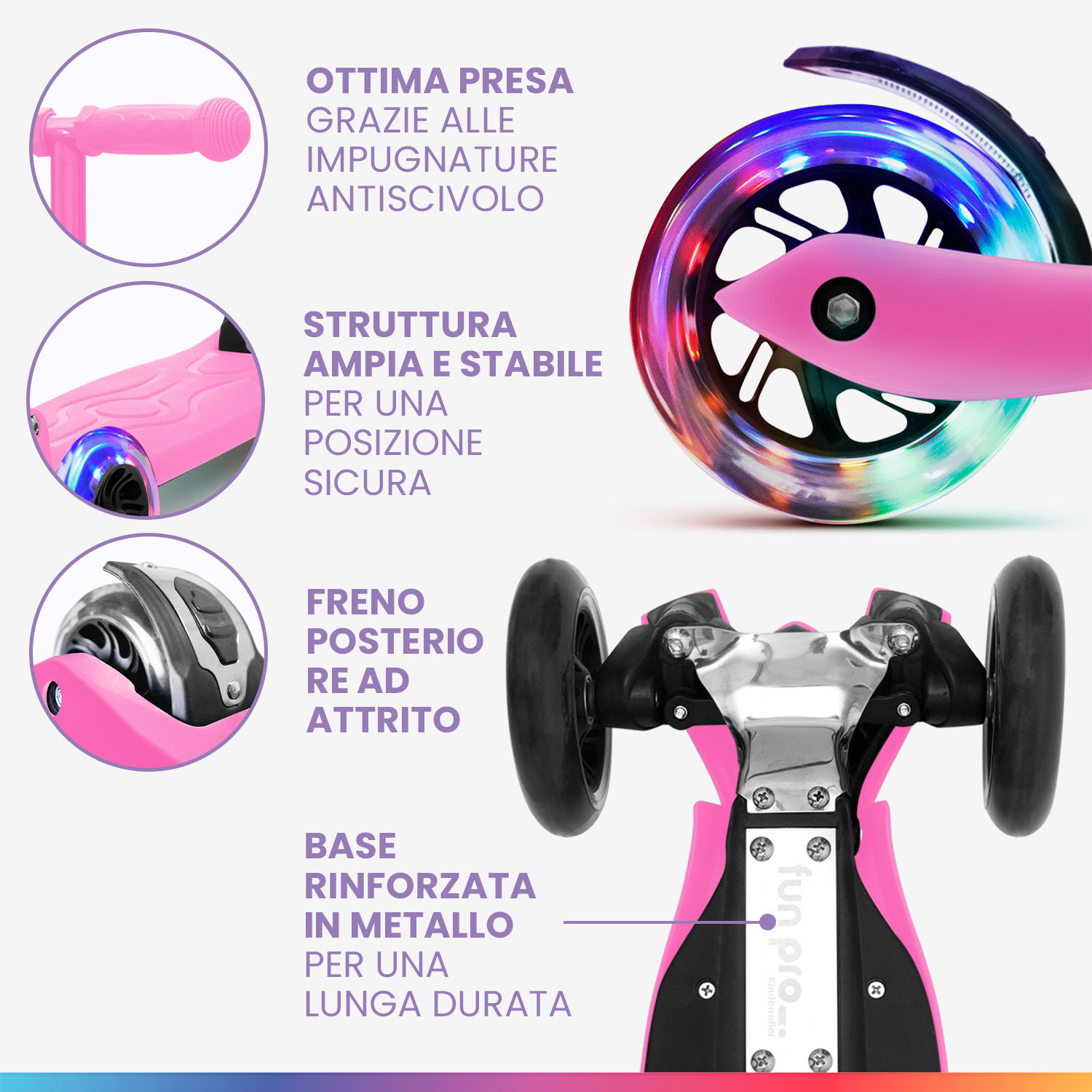 TWO monopattino bambino, dai 5 anni, ruote a LED, fino a 80 kg, pieghevole, regolabile in altezza Rosa confetto