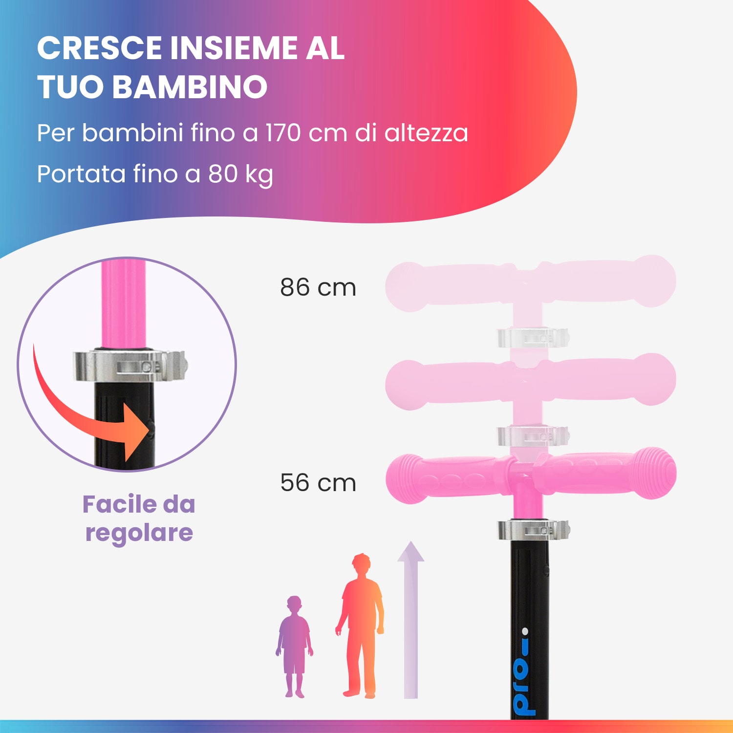 TWO monopattino bambino, dai 5 anni, ruote a LED, fino a 80 kg, pieghevole, regolabile in altezza Rosa confetto