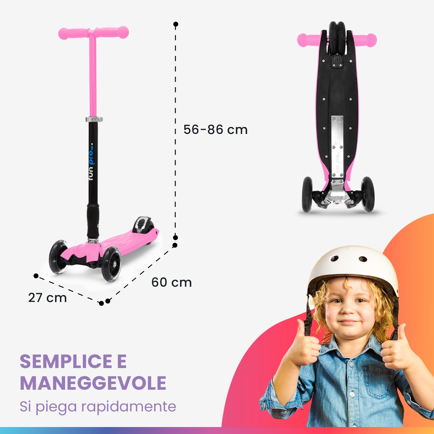 TWO monopattino bambino, dai 5 anni, ruote a LED, fino a 80 kg, pieghevole, regolabile in altezza Rosa confetto