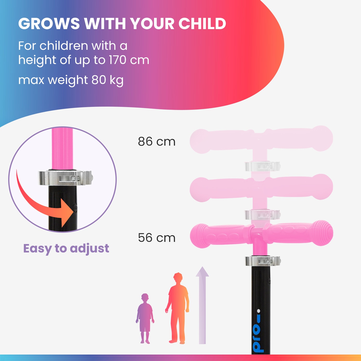 TWO Gyermek roller, 5 évtől, LED kerekek, 80 kg, összecsukható, állítható magasságú Candy rózsaszín